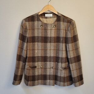 VTG 70s Brown Plaid 100% Wool Blazer Jacket Fits M/L Collarless Pockets Academia